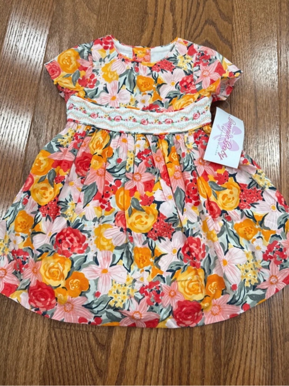 Bonnie Baby. Floral Smocked Waist Girls' Dress - Pink & Yellow